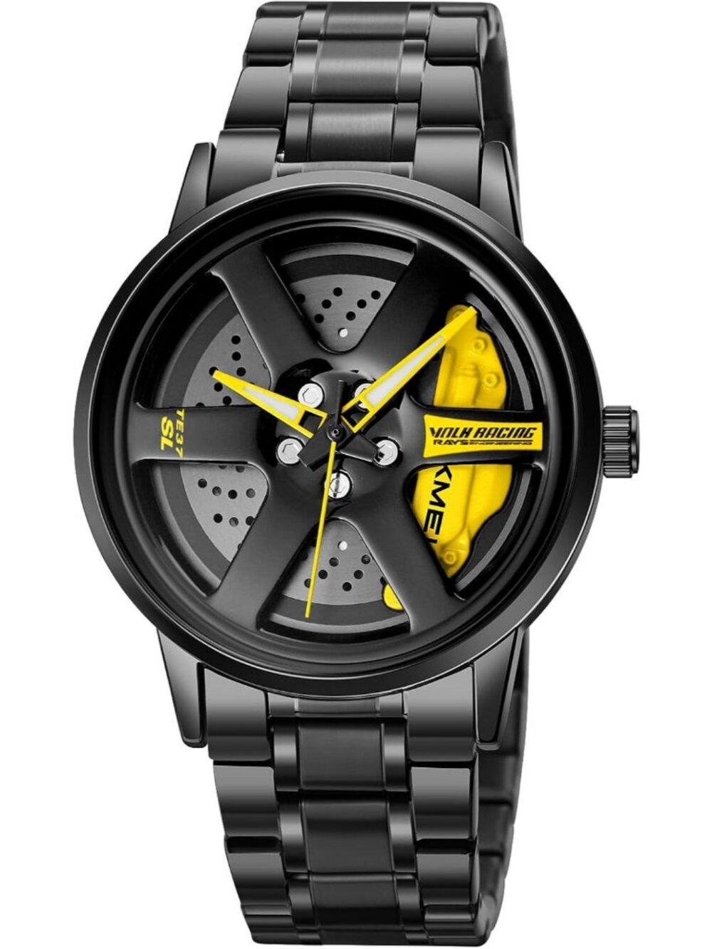 Men's Yellow Creative 3D Spinning Car Wheel Rotating Stainless Steel Strap Watch